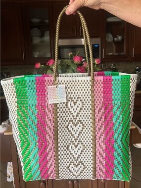 Braided Pink & Green Woven Tote with Gold Handles